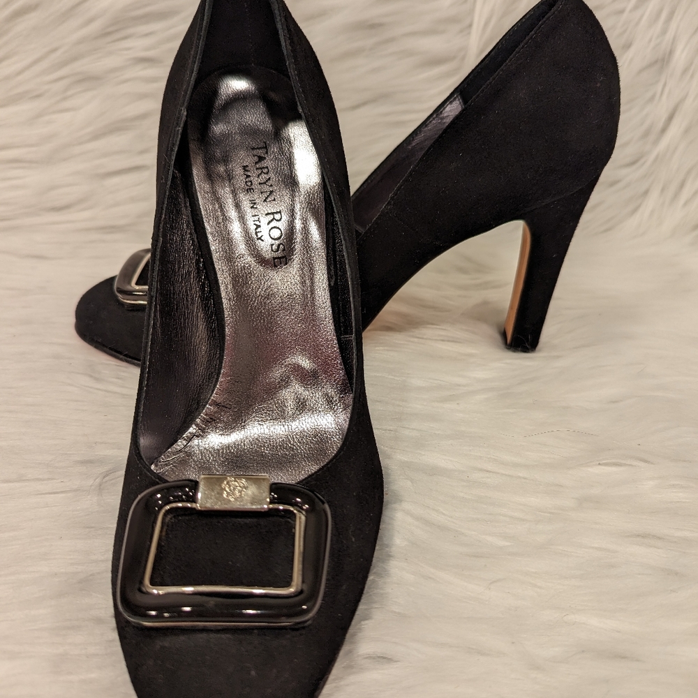 Vintage Taryn Rose Black Suede Pumps w/ Black & Silver Buckle - Size 38/Size 7